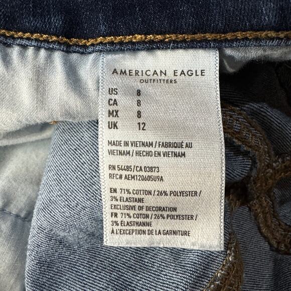 American Eagle SZ 8 Hi-Rise Shortie Jean Shorts Stretch Frayed Hems Whiskered - Picture 7 of 8